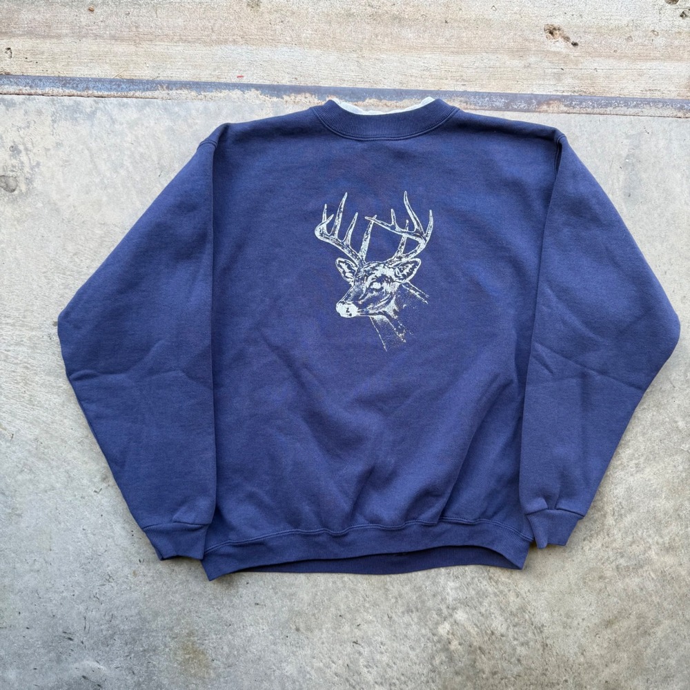 Vintage Hanes Heavyweight Deer Graphic Sweatshirt Navy Blue XL Made in USA Buck